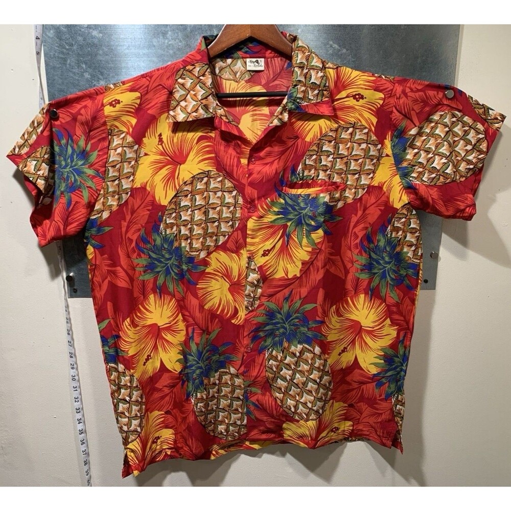 King Kameha Hawaiian 100% Silky Terivoile Pineapple Hibiscus AOP Button Up XXL